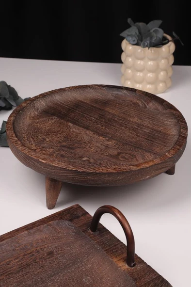 Bambum 2 Parça Pavlonya Elegant Ahşap Sunum ve Servis Seti – Kulplu Dikdörtgen ve Yuvarlak Servis Tabakları - Resim 4