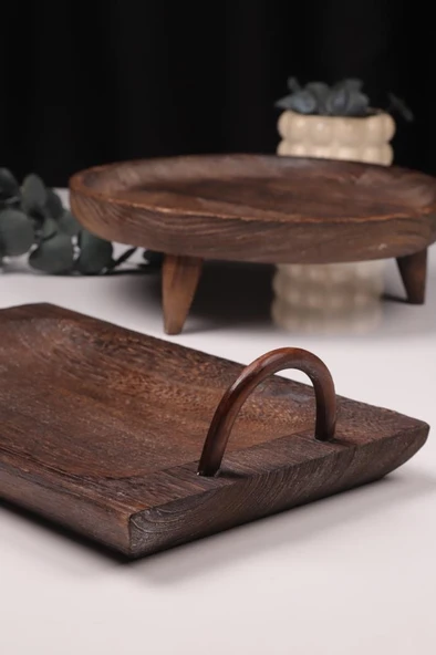 Bambum 2 Parça Pavlonya Elegant Ahşap Sunum ve Servis Seti – Kulplu Dikdörtgen ve Yuvarlak Servis Tabakları - Resim 2