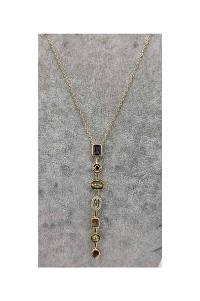 Vipfoni Çok Renkli Baget Taşlı 7 Element Çelik Dekolte Kolyesi - Resim 2