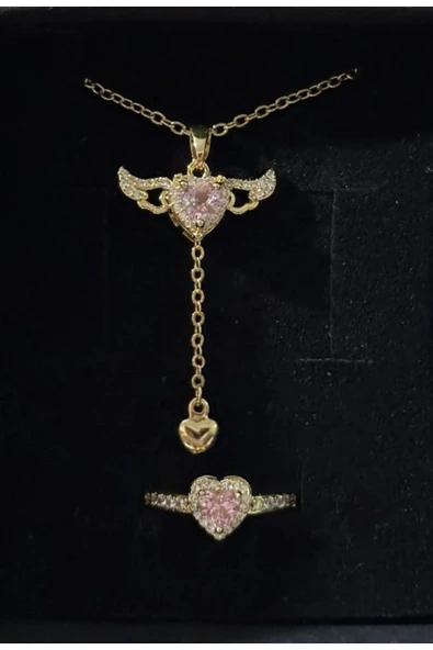 Vipfoni Kanatlı Kalp Çelik Kolye ve Gümüş Zirkon Ayarlanabilir Pandora Yüzük ürün görseli