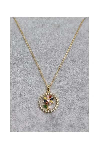 Vipfoni Renkli Zirkon Taşlı Çiçek Model Çelik Kolye ürün görseli