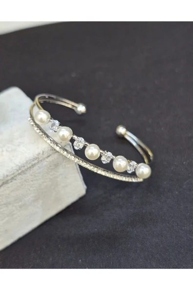 Vipfoni Suyolu İnci Detaylı Çelik Kadın Kelepçe Bileklik ürün görseli