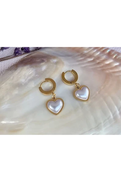 Vipfoni Çelik Beyaz Sedefli Kalp Küpe ürün görseli 1