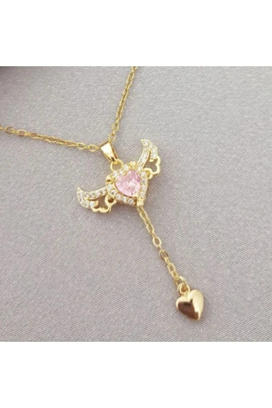 Vipfoni Kanatlı Kalp Çelik Kolye ve Gümüş Zirkon Ayarlanabilir Pandora Yüzük - Resim 2