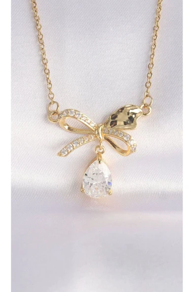 Vipfoni Zirkon Taşlı Damla Taş Fiyonk Çelik Kolye ürün görseli