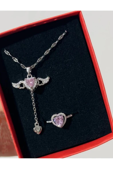 Vipfoni Kanatlı Kalp Çelik Kolye ve Gümüş Zirkon Ayarlanabilir Pandora Yüzük - Resim 4