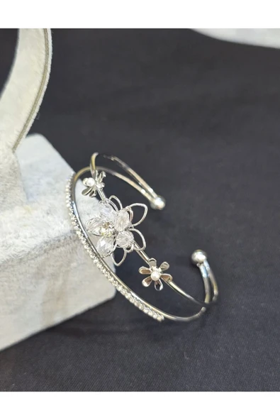 Vipfoni Baget Taşlı Çiçek Model Çelik Kadın Kelepçe Bileklik ürün görseli