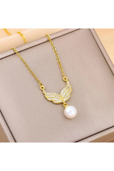 Vipfoni İnci Detaylı Zirkon Taşlı Çelik Melek Kanadı Kolye ürün görseli 1