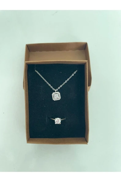 Vipfoni Kare Tek Taş Kolye Tek Taş Yüzük Set - Resim 3