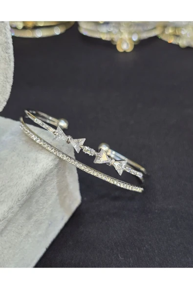 Vipfoni Çift Sıra Suyolu Zirkon Taşlı Fiyonk Çelik Kadın Kelepçe Bileklik ürün görseli 1