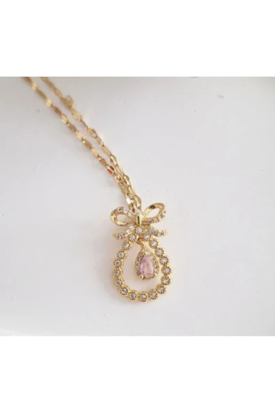 Vipfoni Fiyonk Detaylı Pembe Zirkon Taşlı Damla Model Çelik Kolye ürün görseli
