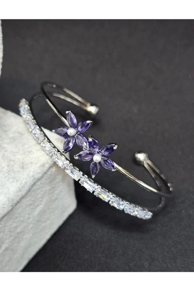 Vipfoni Lotus Mor Taşlı Suyolu Çelik Kadın Kelepçe Bileklik ürün görseli 1