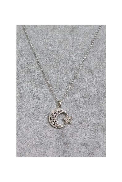 Vipfoni Zirkon Taşlı Ay Yıldız Çelik Kolye ürün görseli
