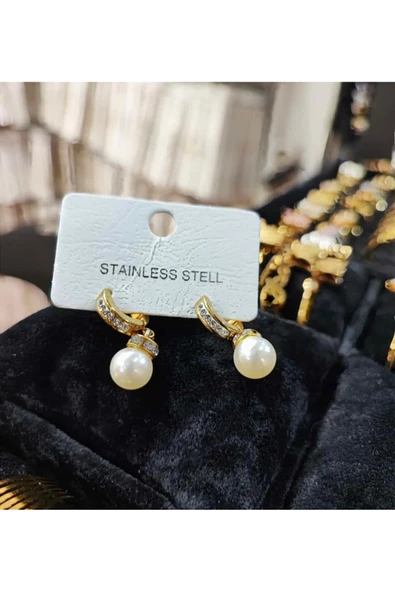 Vipfoni Zirkon Taşlı Top İncili Çelik Küpe ürün görseli