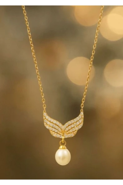 Vipfoni İnci Detaylı Zirkon Taşlı Çelik Melek Kanadı Kolye - Resim 2