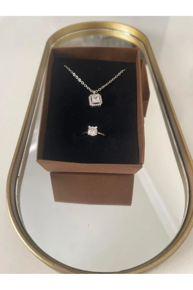 Vipfoni Kare Tek Taş Kolye Tek Taş Yüzük Set ürün görseli