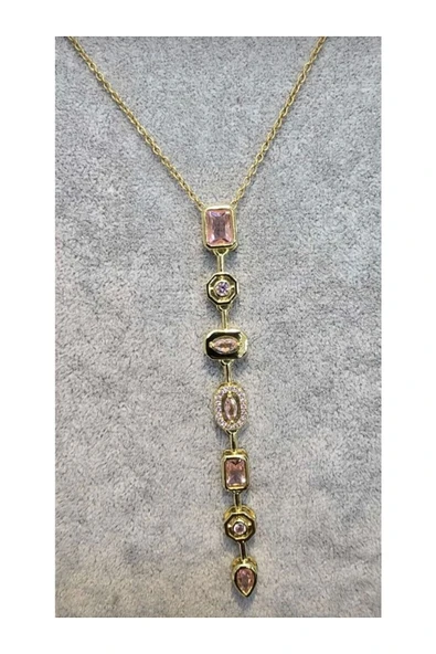 Vipfoni Pembe Renkli Baget Taşlı 7 Element Çelik Dekolte Kolyesi - Resim 2