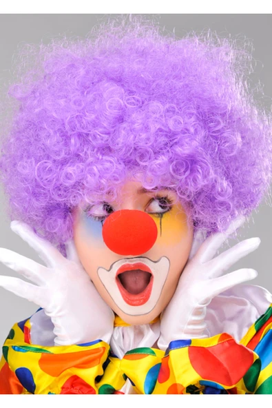 Vipfoni Kıvırcık Afro Bonus Peruk Takma Saç ve Kırmızı Burun Seti - Mor ürün görseli 1