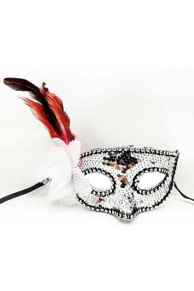 Vipfoni Yandan Tüylü Güllü Taşlı Pullu Maske 20x22 cm
