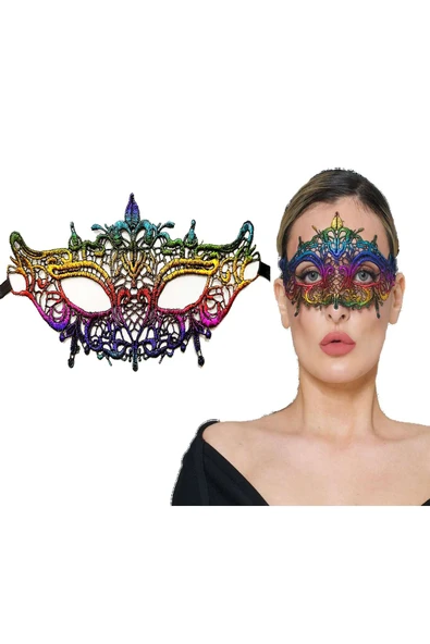 Vipfoni Rengarenk Dantel Kesim Dantel İşlemeli Balo Parti Maskesi Gökkuşağı ürün görseli