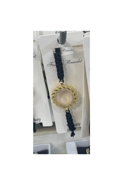 Vipfoni Altın Kaplama Zirkon Taşlı Içi Boş Çeyrek Altın Çerçeveli Siyah Kordonlu Bileklik -m1 ürün görseli