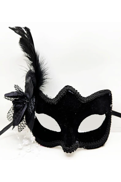 Vipfoni Yandan Tüylü Beyaz İncili Süet Kaplama A Kalite Lüks Parti Maskesi 20x23 cm ürün görseli 1