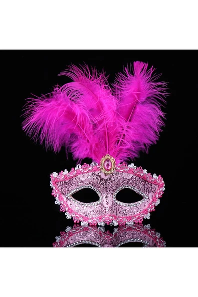 Vipfoni Dantel İşlemeli Pembe Tüylü Balo Parti Maskesi 17x20 cm ürün görseli