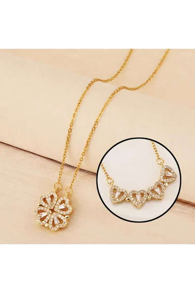 Vipfoni Mıknatıslı Açılıp Kapanabilen Zirkon Taşlı Kalp Yonca Kolye - Resim 2