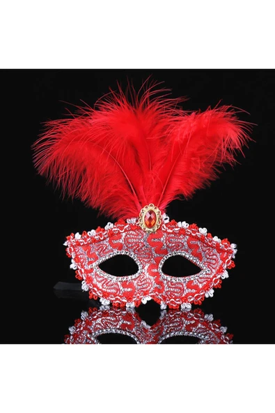 Vipfoni Dantel İşlemeli Kırmızı Tüylü Balo Parti Maskesi 17x20 cm ürün görseli