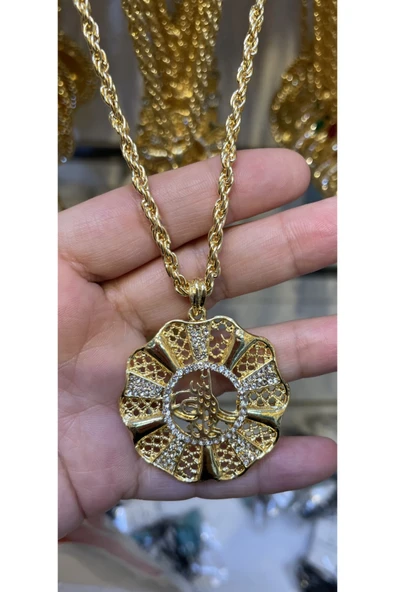 Vipfoni Altın Kaplama Zirkon Taşlı Yuvarlak Tuğralı Burgu Zincirli Kolye ürün görseli