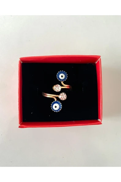 Vipfoni Zirkon Taşlı Çift Nazar Boncuklu Ayarlamalı Gold Kaplama Yüzük - Resim 4