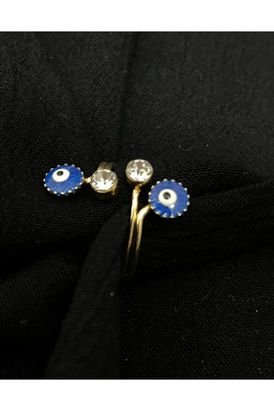 Vipfoni Zirkon Taşlı Çift Nazar Boncuklu Ayarlamalı Gold Kaplama Yüzük - Resim 3