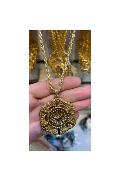 Vipfoni Altın Kaplama Zirkon Taşlı Tuğralı Burgu Zincirli Kolye ürün görseli