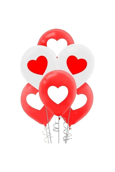 RÖNESANS PARTİ Kırmızı Beyaz Kalp Baskılı Balon 10 Adet ürün görseli