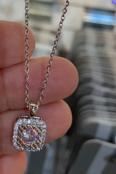 Vipfoni Gümüş Renk Zirkon Taşlı Baget Kolye - M2 ürün görseli