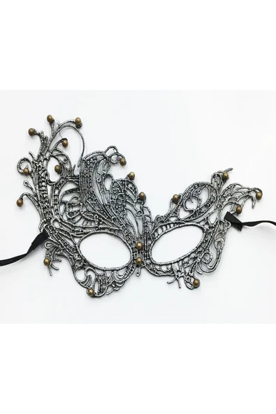 Vipfoni Gümüş Renk Dantel Kesim Maske Gümüş Renk İncili Parti Maskesi ürün görseli