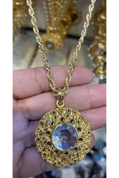 Vipfoni Altın Kaplama Zirkon Taşlı Yuvarlak Taşlı Burgu Zincirli Kolye ürün görseli 1