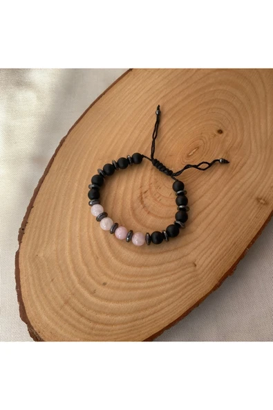 Vipfoni 8 MM Pembe Kuvars - Oniks Doğal Taş Makrome Örme Bileklik ürün görseli