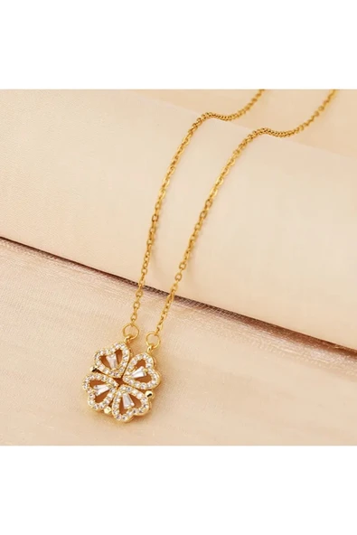 Vipfoni Mıknatıslı Açılıp Kapanabilen Zirkon Taşlı Kalp Yonca Kolye - Resim 4