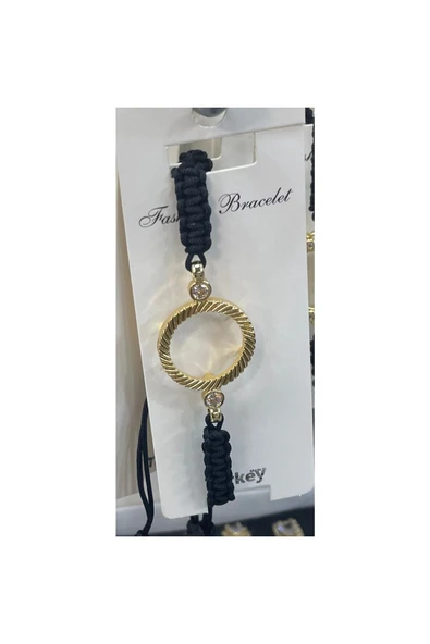 Vipfoni Altın Kaplama Zirkon Taşlı Içi Boş Çeyrek Altın Çerçeveli Siyah Kordonlu Bileklik - M3 - Resim 3