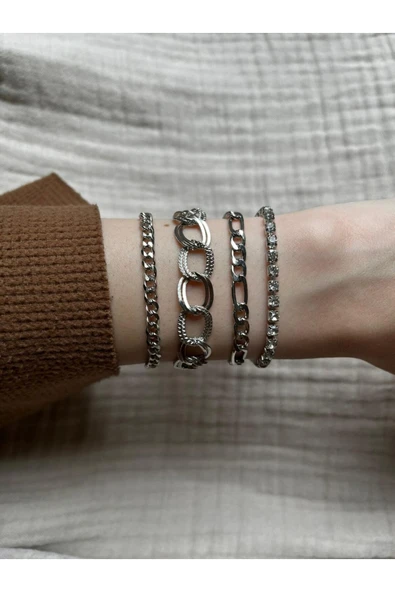 Vipfoni Gümüş Renk Zincir 4 lü Bileklik Seti - MG6 ürün görseli