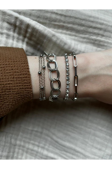 Vipfoni Gümüş Renk Zincir 4 lü Bileklik Seti - MG2 ürün görseli 1