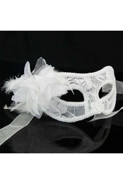 Vipfoni Dantel İşlemeli Beyaz  Yandan Tüylü Balo Parti Maskesi 17x20 cm ürün görseli