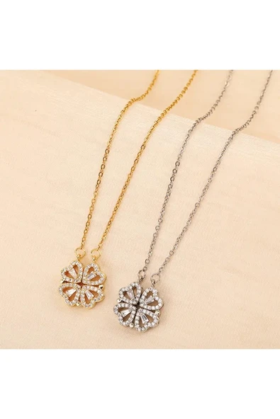 Vipfoni Mıknatıslı Açılıp Kapanabilen Zirkon Taşlı Kalp Yonca Kolye - Resim 3