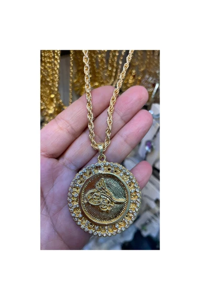 Vipfoni Altın Kaplama Zirkon Taşlı Yuvarlak Tuğralı Burgu Zincirli Kolye ürün görseli