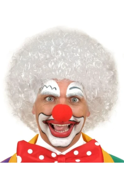 Vipfoni Kıvırcık Afro Bonus Peruk Takma Saç ve Kırmızı Burun Seti - Beyaz ürün görseli