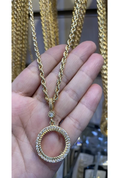 Vipfoni Altın Kaplama Zirkon Taşlı Çeyrek Altın Uyumlu Içi Boş Burgu Zincirli Kolye ürün görseli 1