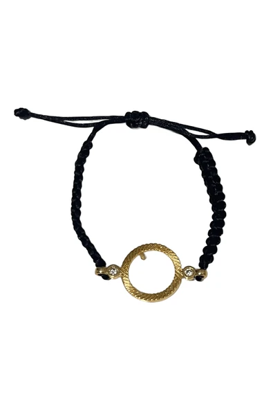 Vipfoni Altın Kaplama Zirkon Taşlı Içi Boş Çeyrek Altın Çerçeveli Siyah Kordonlu Bileklik - M3 ürün görseli