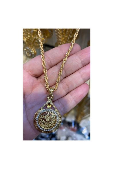 Vipfoni Altın Kaplama Zirkon Taşlı Tuğralı Burgu Zincirli Kolye ürün görseli