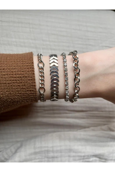 Vipfoni Gümüş Renk Zincir 4 lü Bileklik Seti - MG1 ürün görseli